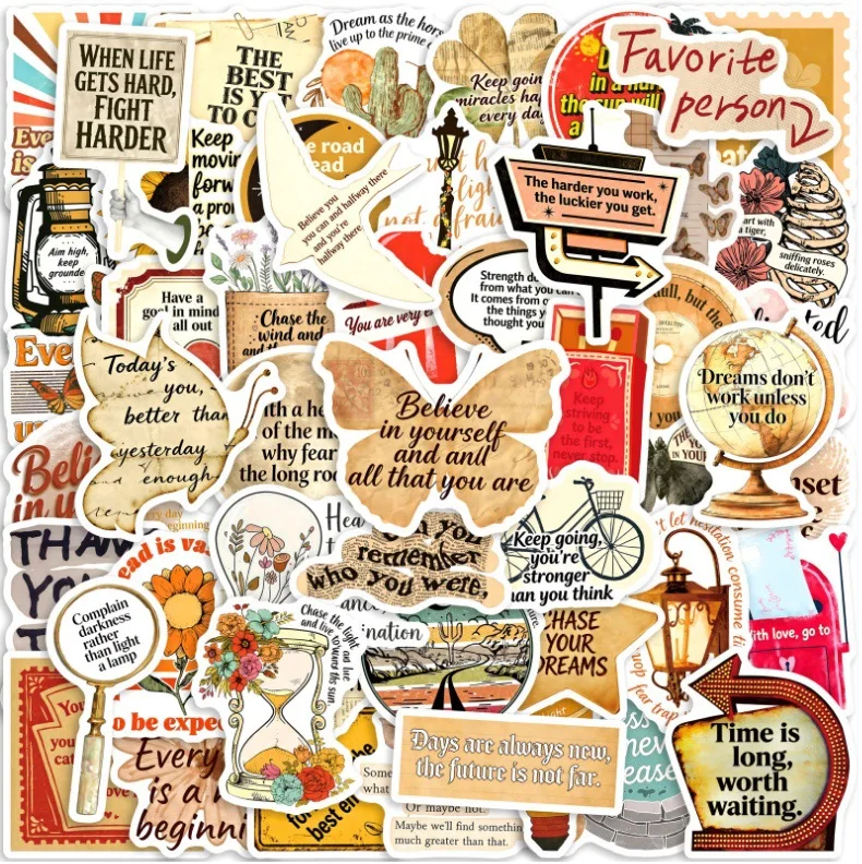 

50Pcs Vintage Stickers Retro Pattern Diary Planner Decorative Scrapbooking Stationery Supplies Guitar Waterproof Sticker