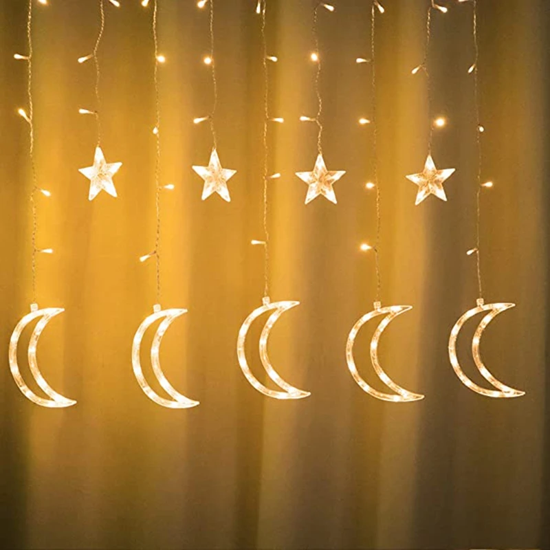 Impermeável LED Curtain Light para decoração de casa, luz de festa, casamento, quarto, 12 estrelas, lua, plugue UE, exterior, 2,5 m