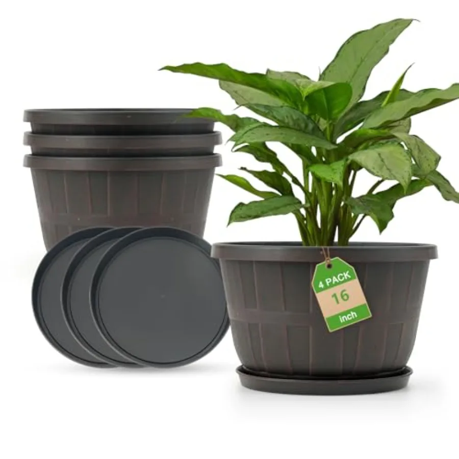 

16 Inch Brown Plastic Whiskey Barrel Planters Set of 4 for Indoor Outdoor Use, Classic Design with Drainage Holes Matching Tray
