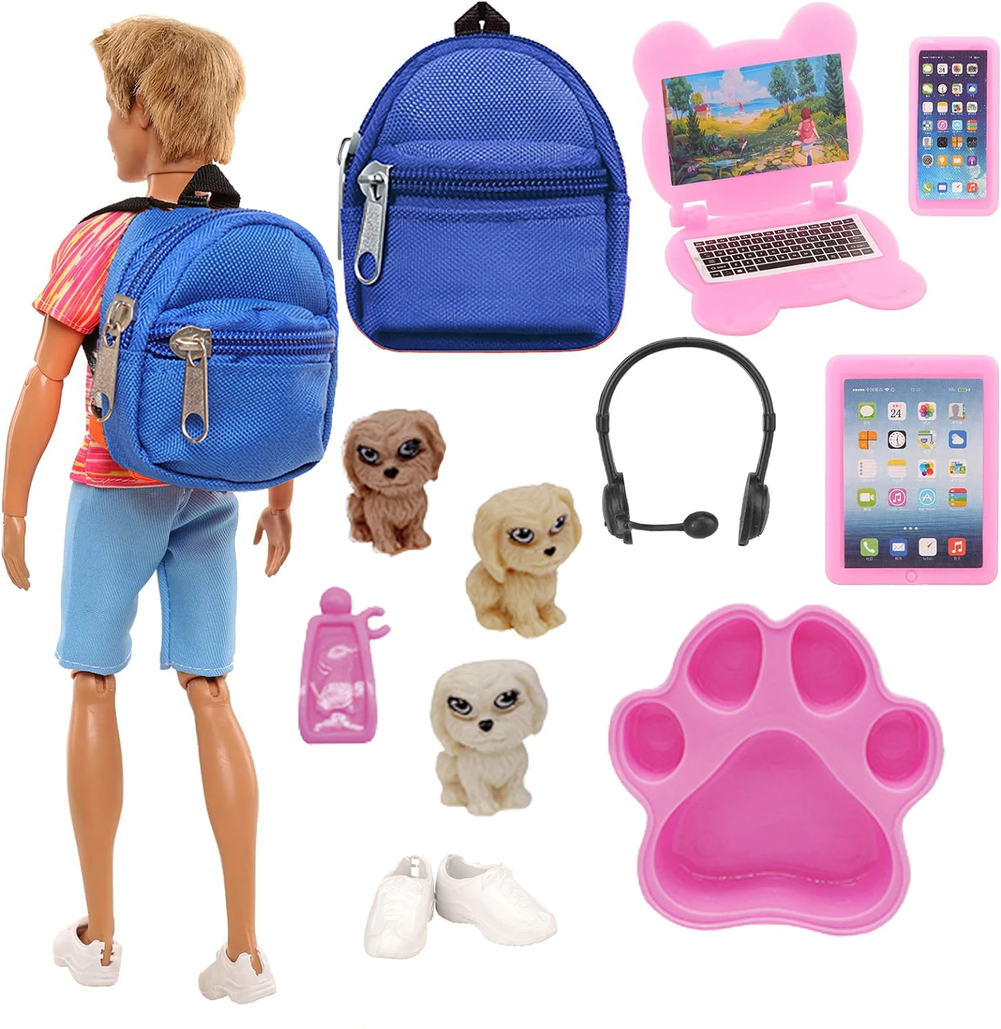 11 PCS Doll Travel Playset for Boy Doll 1 Backpack 1 Laptop 1 Cellphone 1 Pad 1 Headset 3 Pet 3 Accessories for 12 Inch Boy Doll