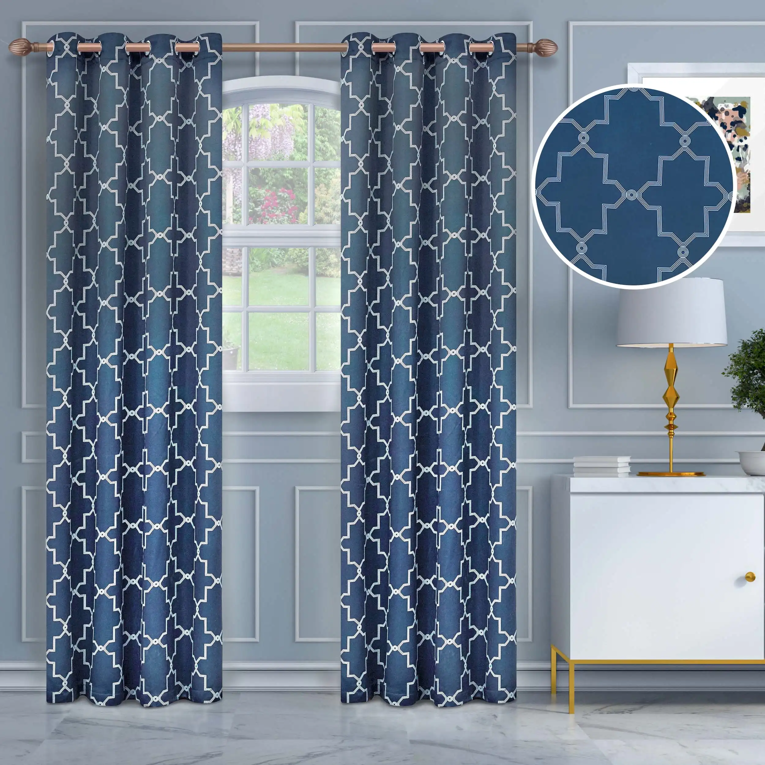 

Superior Trellis Blackout Curtains, Rod Pocket, Set of 2, 52 X 108, Navy Blue