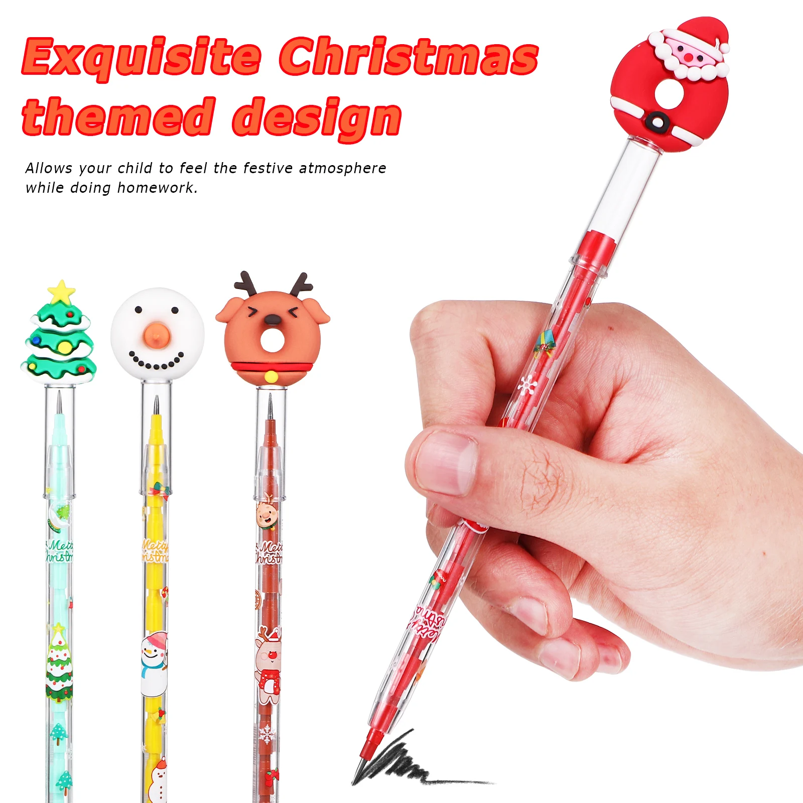 16 pcs Christmas Themed Pencils Plastic Silicone Stackable Pencils Non-Sharpening Pencils Stacking Tip Pencils Xmas Party Favors