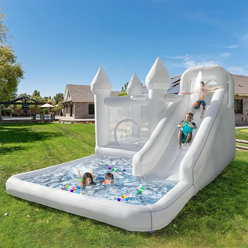 白い大型インフレータブルウォータースライダープール子供用夏の水遊びバウンスハウスボールピット付き幼稚園プレイハウス屋外