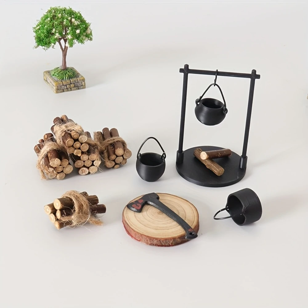 5 قطع - موقد معلق صغير، فأس، نموذج غلاية الحطب لبيت الدمى، ملحقات DIY لبيت الدمى، عينة مهرجان عيد الميلاد