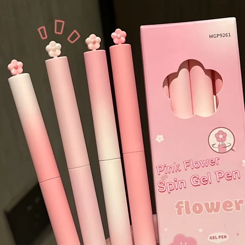 A Set Of Four Pink Flower Spin Gel Pens, Macaron Gradient Pink Flower Decor Cute Girly Style, Spin-To-Advance Smooth Writing