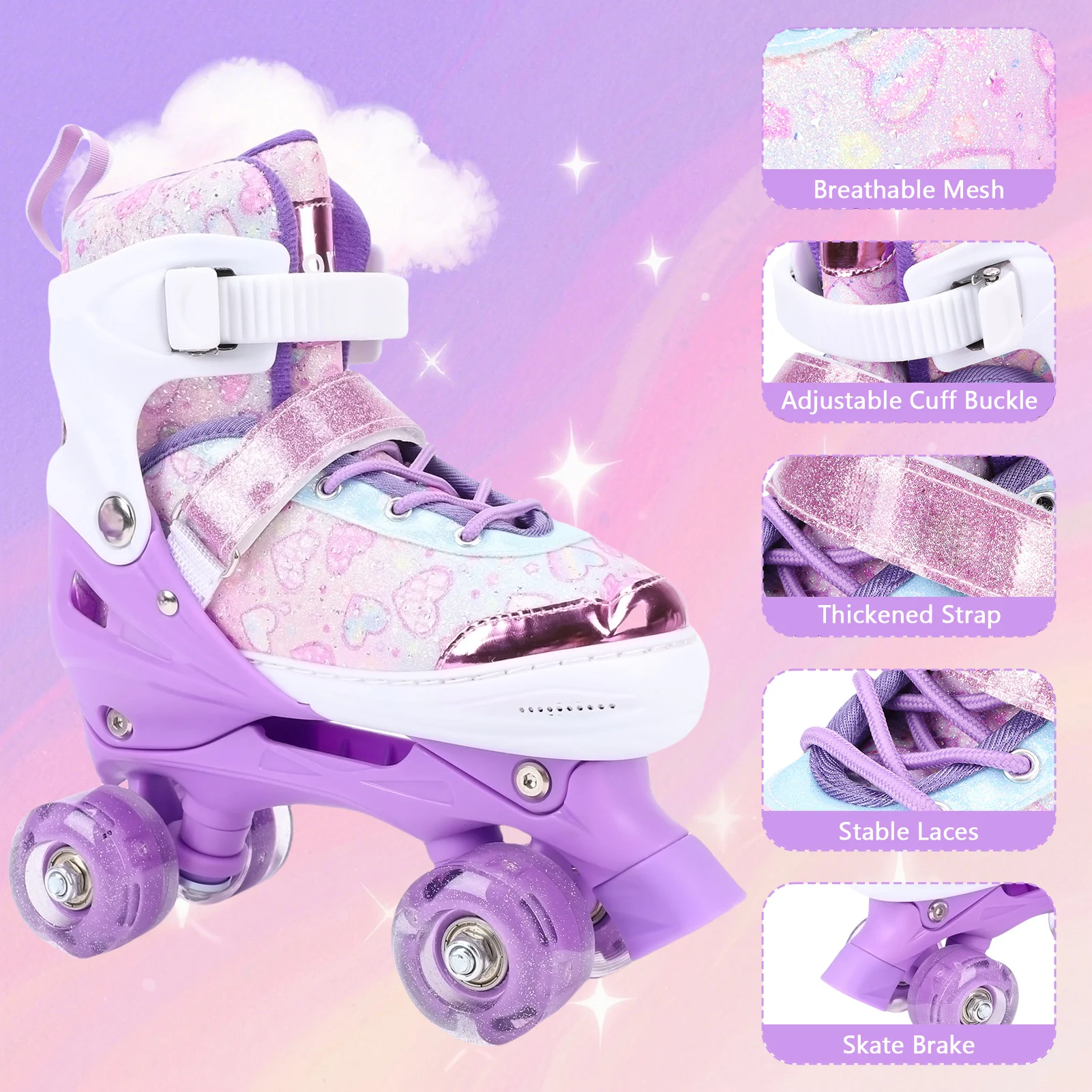 Tomshoo Rollschuhe für Kinder und Mädchen im Alter von 6–12 Jahren, 4 Größen, verstellbare Blinkräder, ABEC-Lager, dreifacher Schutz für draußen und drinnen – Detail 6