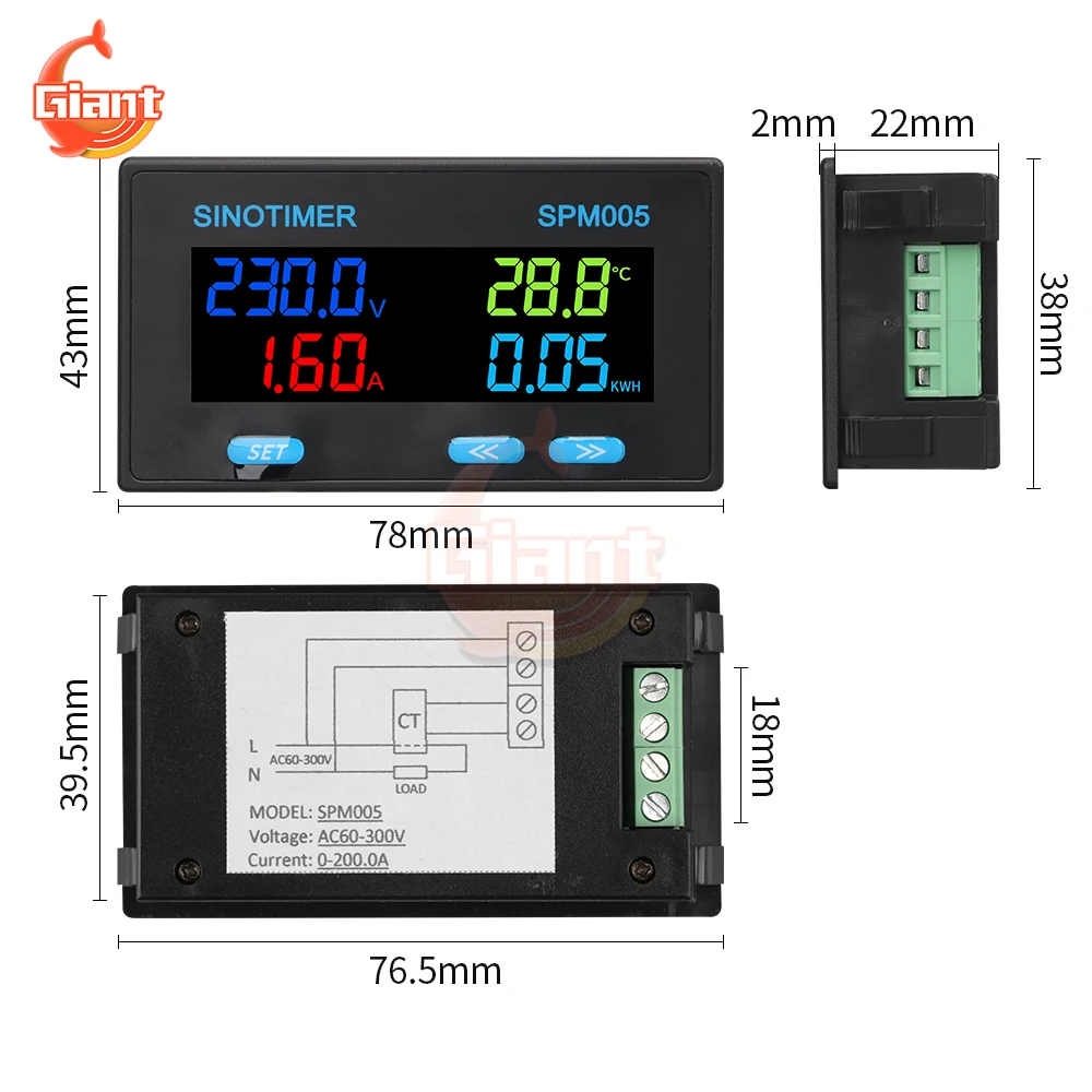 SPM005 AC60-300V Single-phase Digital Voltmeter Ammeter Power Electric Energy Meter Voltage Current Tester Temperature Monitor