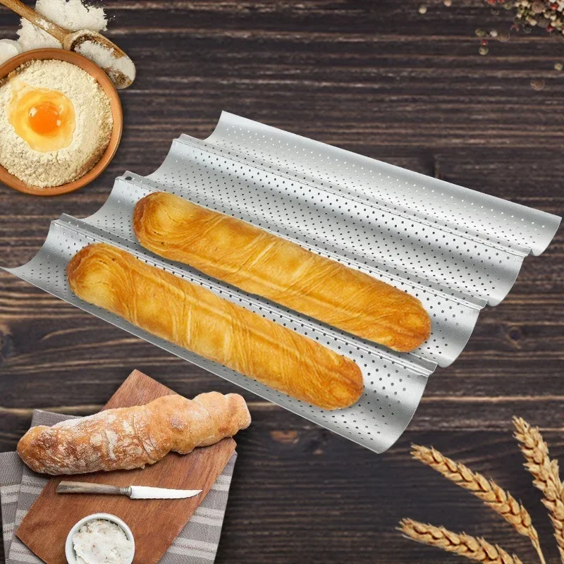 14.96x6.98x1.1 Inches 2 Waves French Bread Baking Tray Mold Loaf Tin Non-Stick Baguette Mould Cake Pan Pastry Tools