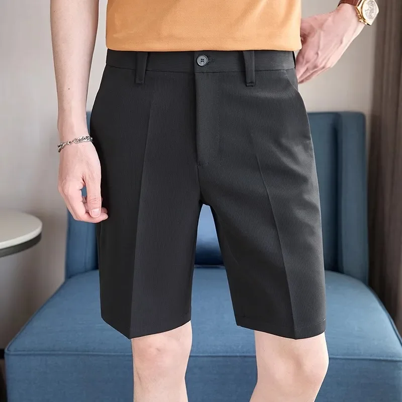 

LIBIELIY летний костюм, шорты, мужские однотонные деловые повседневные шорты, мужские прямые облегающие шорты, модный корейский стиль, формальный костюм до колена