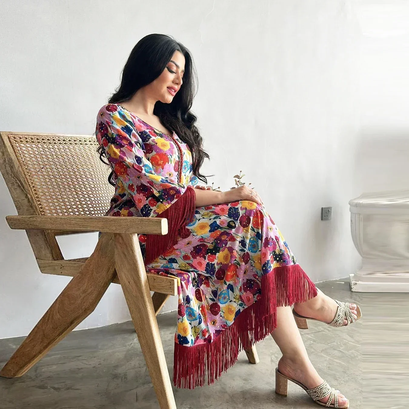 

Tassel Floral Printed Abaya Eid Diamonds V-neck Jalabiya Dress Women Long Sleeve Robe Muslim Ramadan Djellaba Kaftan Loose Gown