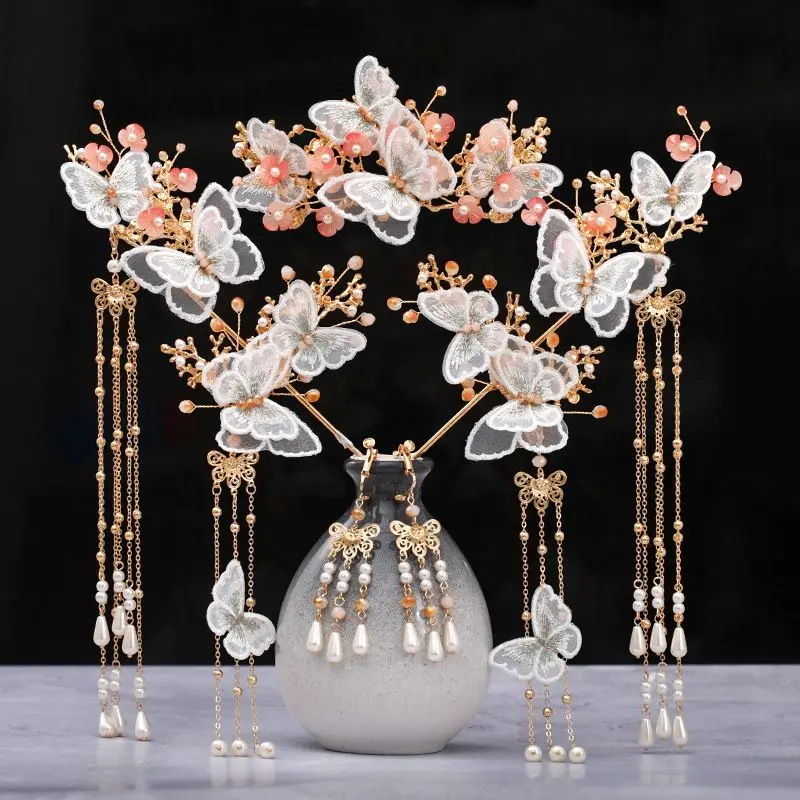 

Womens White Fabric Butterfly With Metal Tassel Hair Crown Set Chinese Hanfu Headwear