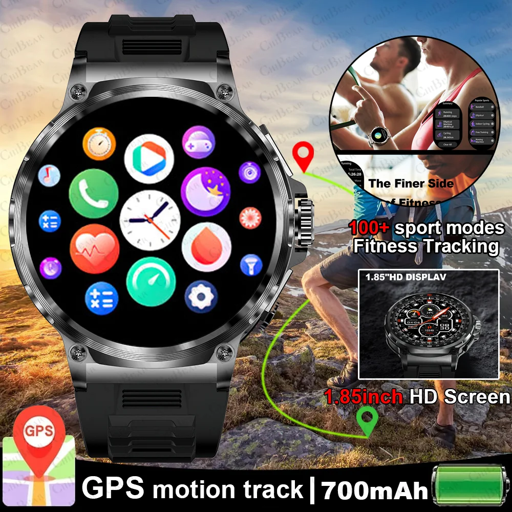 ChiBear ساعة ذكية للرجال 1.85 بوصة HD رياضية بلوتوث دعوة GPS الرياضة جهاز تعقب للياقة البدنية مراقبة القلب 710mAh مقاوم للماء Smartwatch