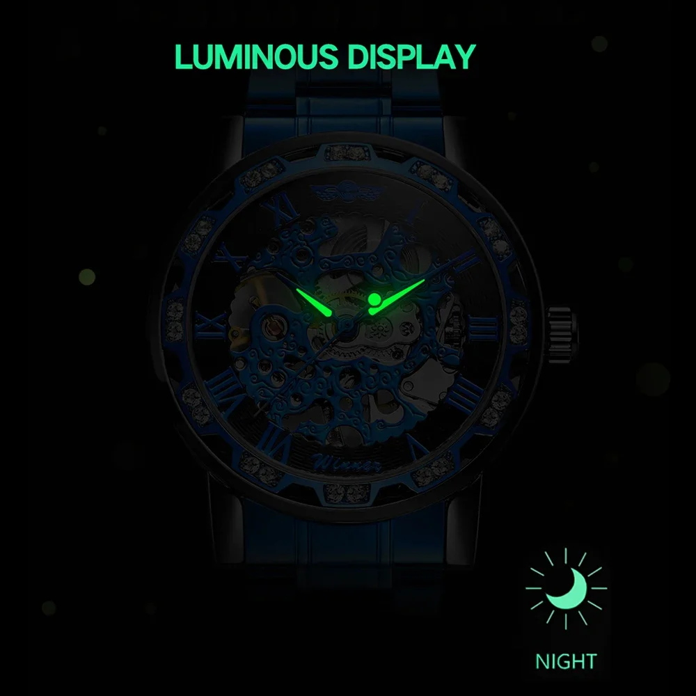 T-WINNER Luxury Men's Watches Skeleton Mechanical Luminous Pointers Engraving Rhinestone Fashion Casual Golden Man Wristwatches