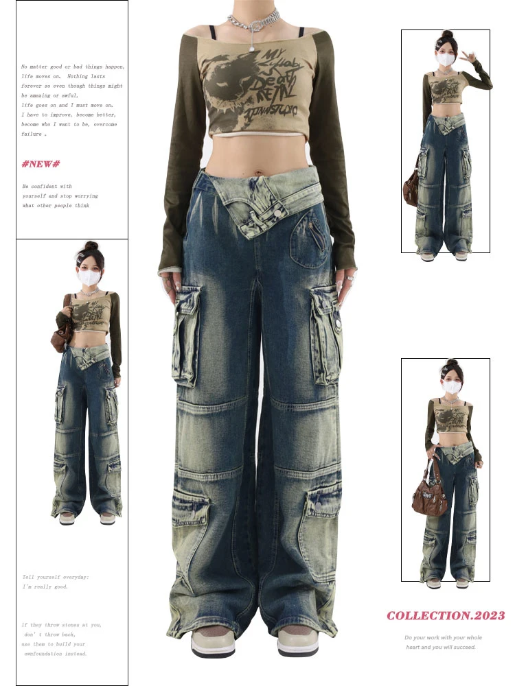 

Women's Vintage Baggy Cargo Jeans Harajuku 90s High Waist Wide Denim Pants Eom 2000s Vintage Y2k Cowboy Trousers Trashy Clothes