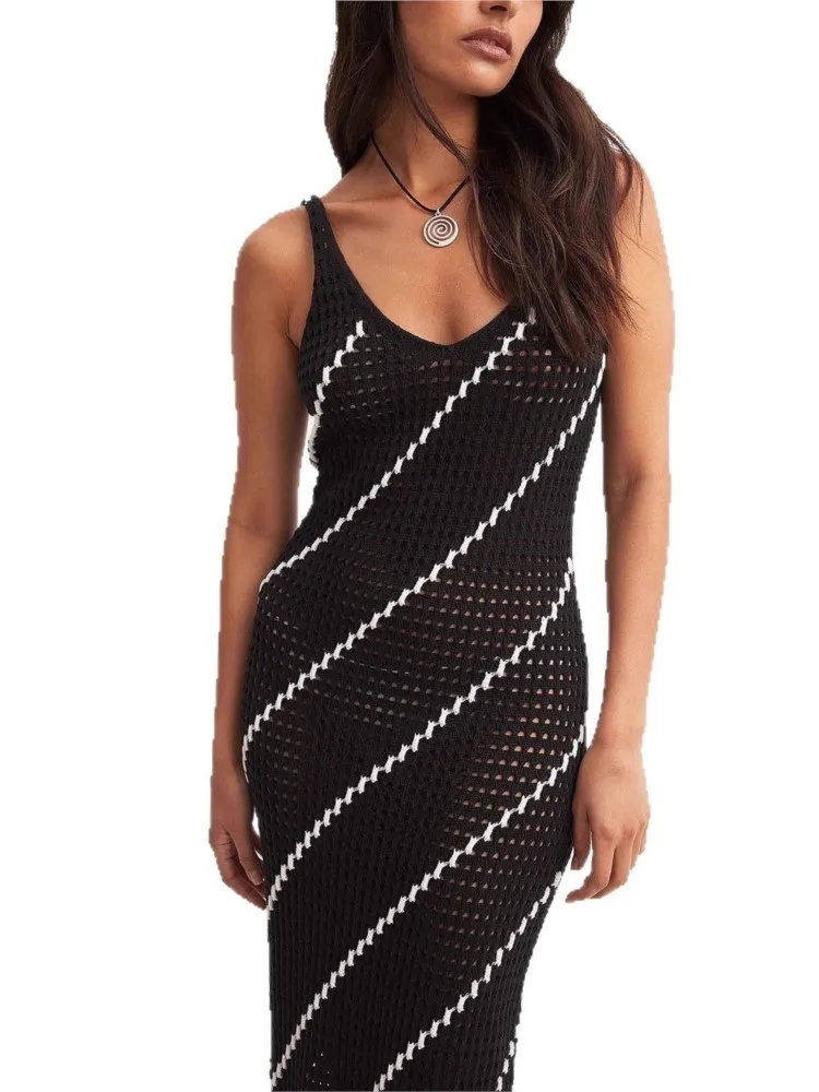 Robe de plage longue en tricot pour femmes, Sexy, ajourée, décolleté en v profond, sans manches, Cover-Up pour Bikini, dos nu, robe de vacances, automne, 2026