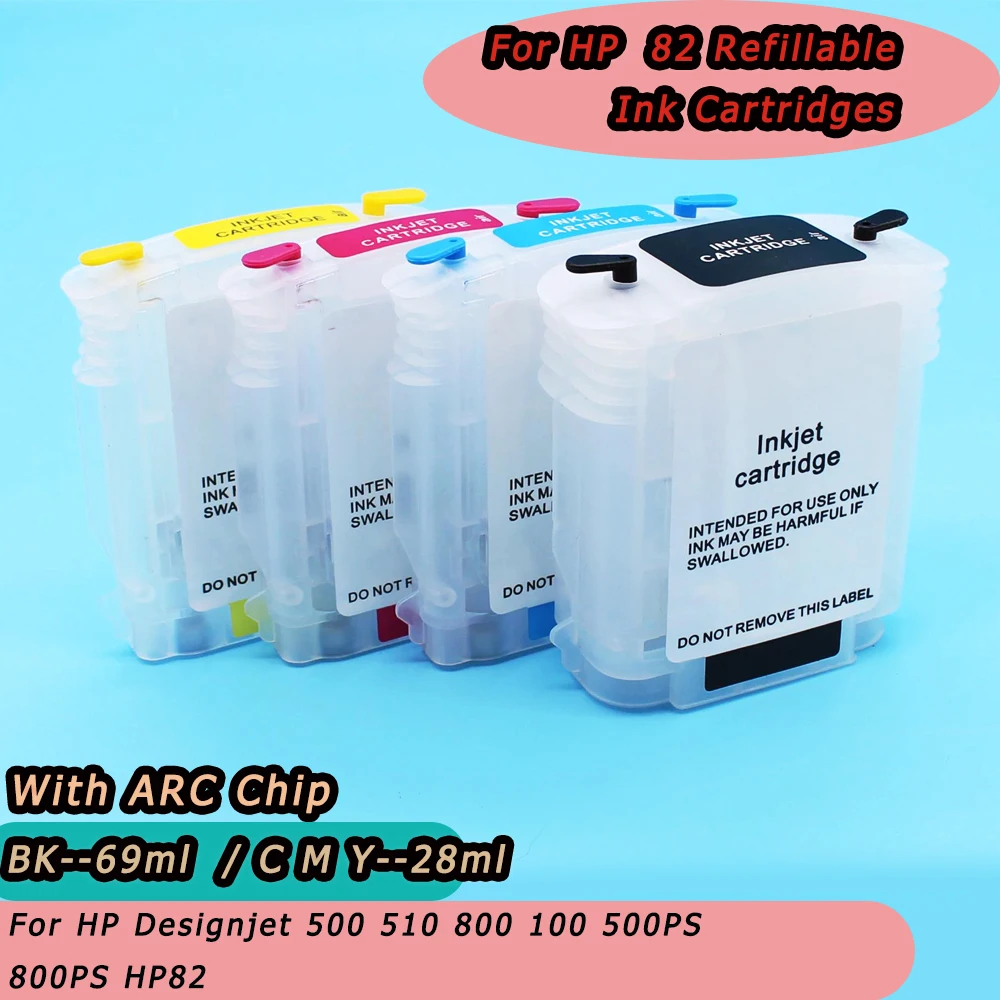 

69ml/28ml 4 Color Refillable Ink Cartridges For HP 82 With ARC Chip For HP Designjet 500 510 800 100 500PS 800PS HP82 Printer