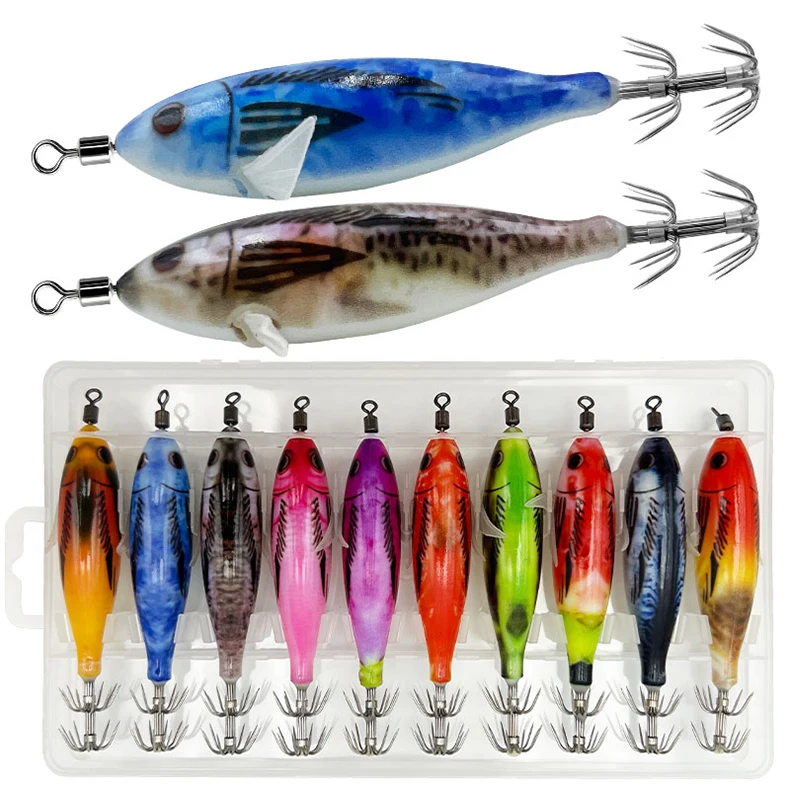 ShareShark 10 Stück/Box 5,6g Leuchtende Horizontale Garnelen-Tintenfischhaken-Köder-Set Geeignet für Meeresangeln auf Tintenfische und Oktopus – Detail 1