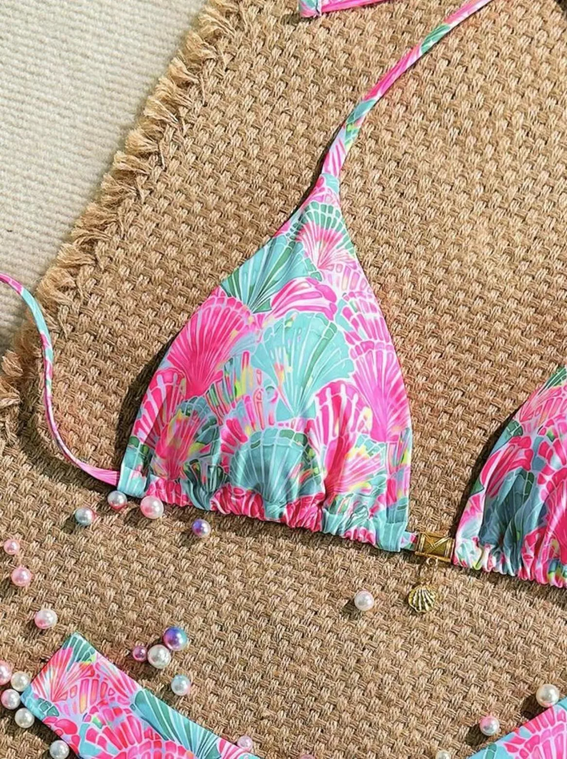 Conjuntos de bikinis sexys con estampado rosa para mujer, traje de baño de dos piezas con colgante de lazo halter, ropa de playa, traje de baño, bikini trikini