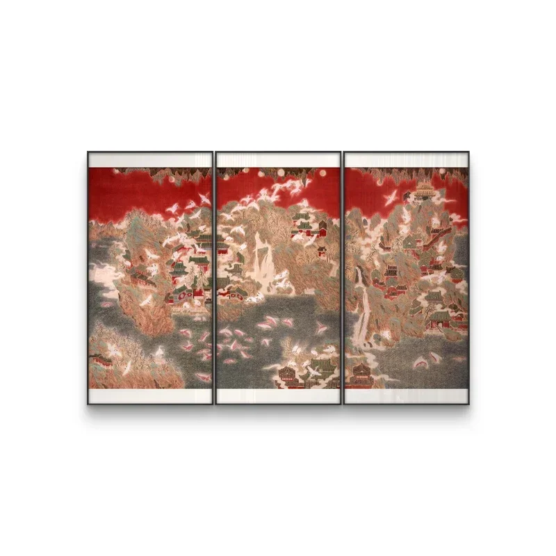 Large red landscape combination decorative painting villa hotel living room tea  hanging  homestay restaurant mural