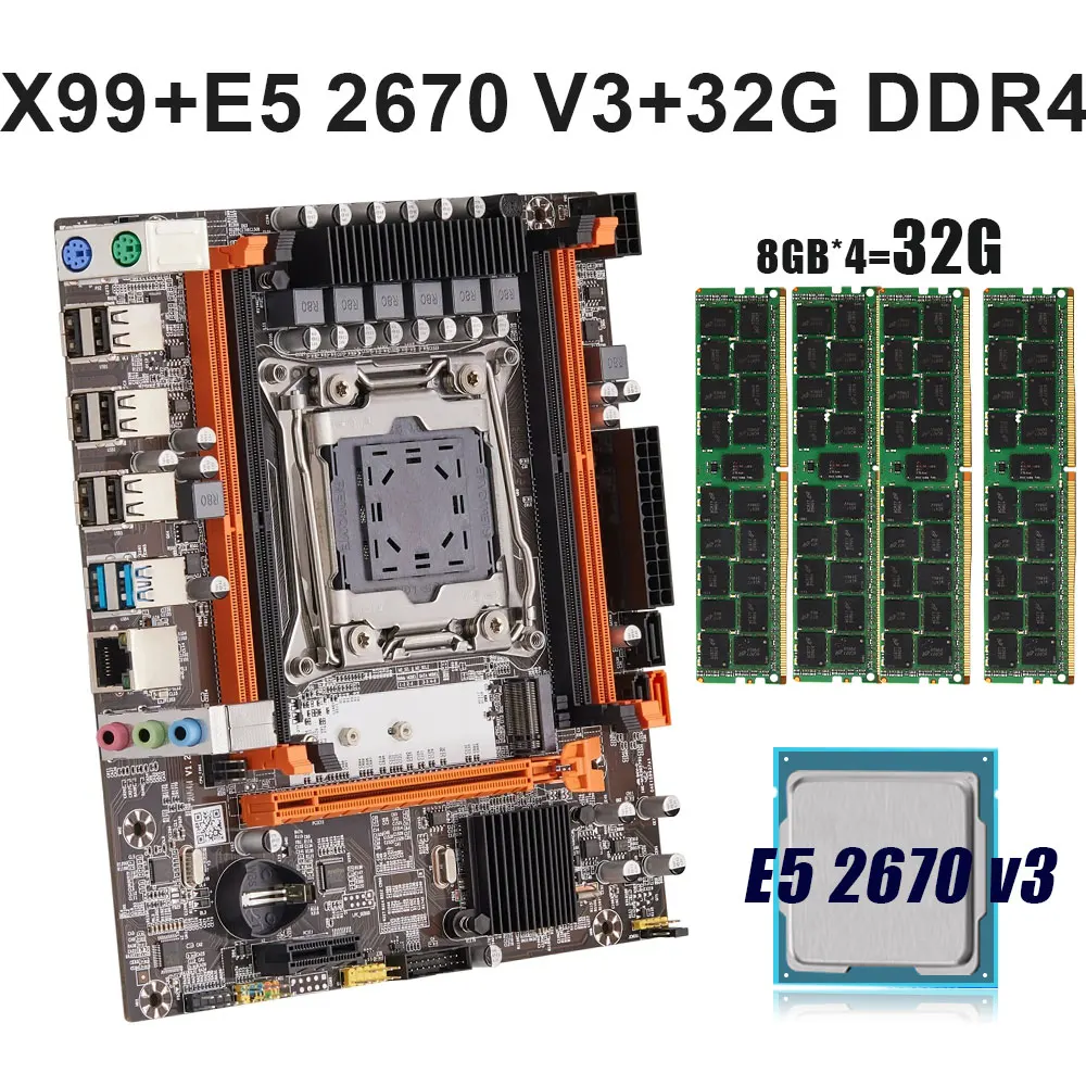 Kit Xeon X99 Motherboard Set With  Xeon E5 2670V3 CPU 32G DDR4 RAM  Support SATA3.0 USB 3.0 NVME M.2 X99 LGA 2011-3