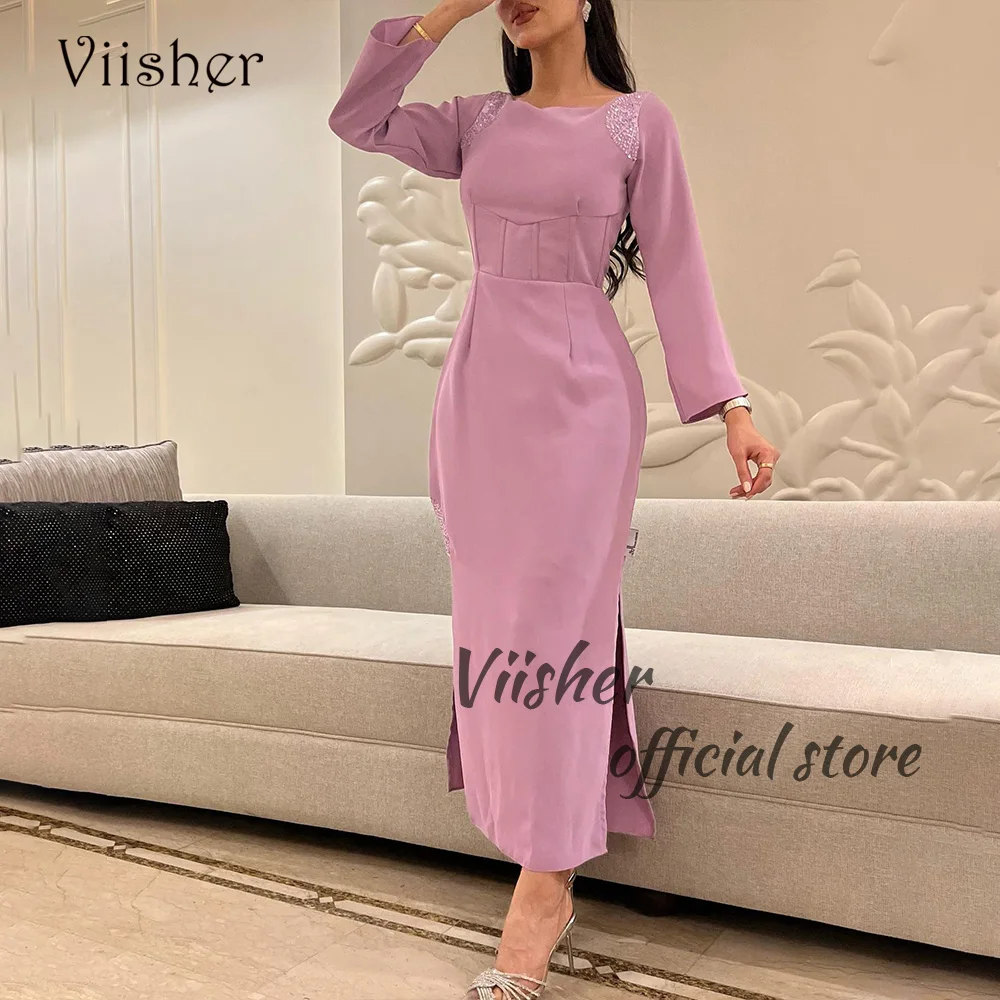 

Viisher Lavender Satin Mermaid Evening Dresses Long Sleeve O Neck Dubai Prom Party Dress with Slit Arabic Formal Gowns