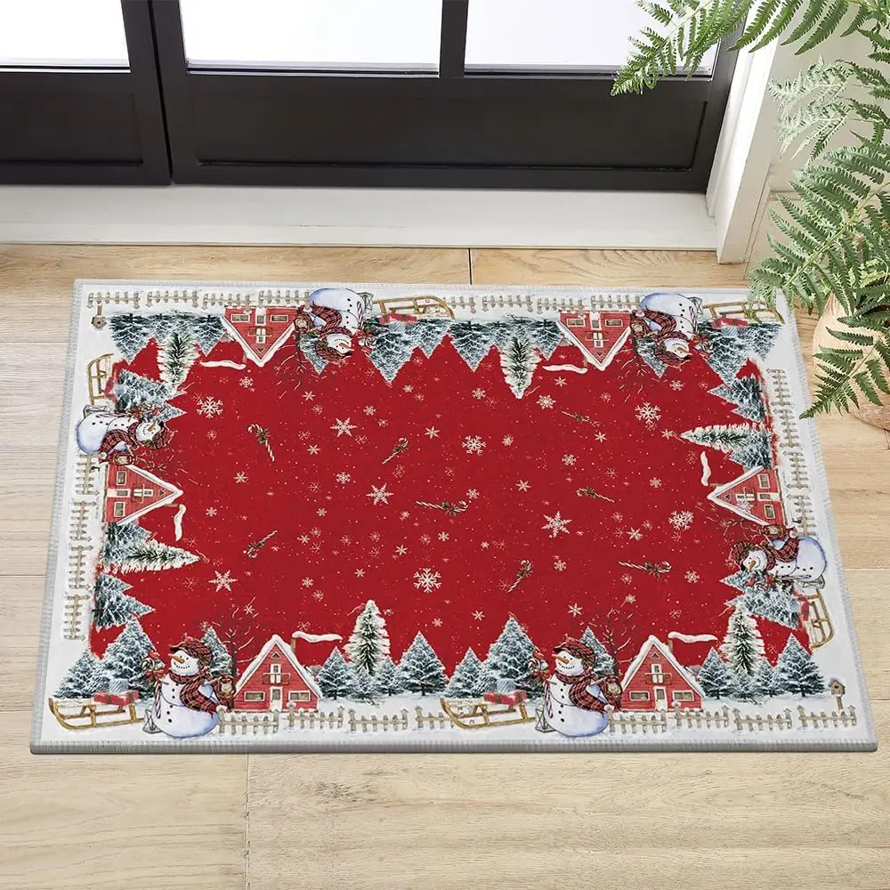 Red Snowman House Pine Tree Christmas Area Rug, Xmas Winter Home Decor Low-Profile Washable Area Rugs for Entryway Bedroom