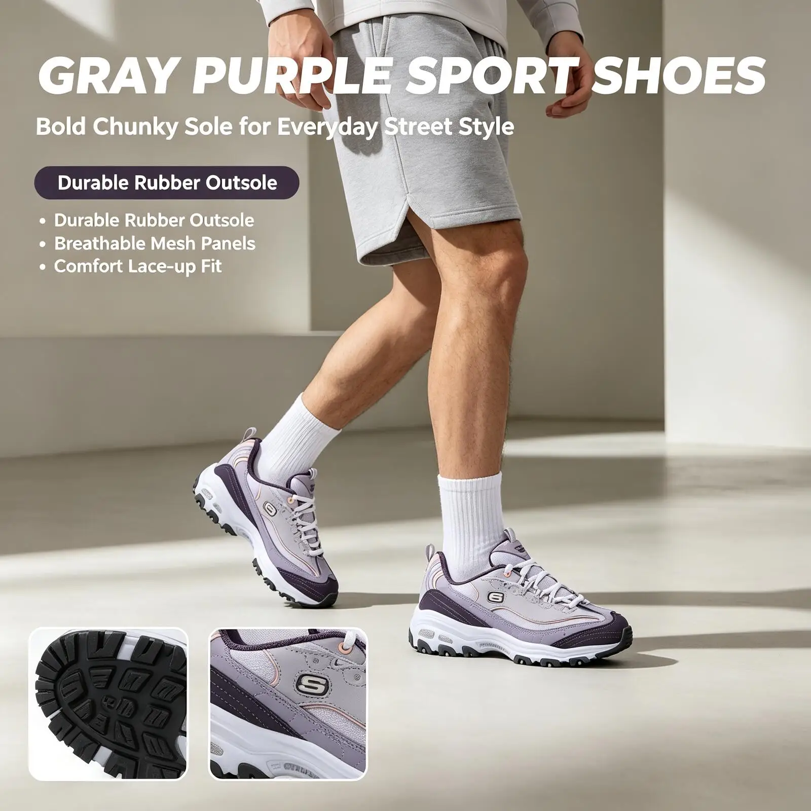 Hot New Skechers Gray Purple Chunky Sneakers for Women Men Retro Running Style Thick Sole Comfortable Lace-Up Sport Shoes