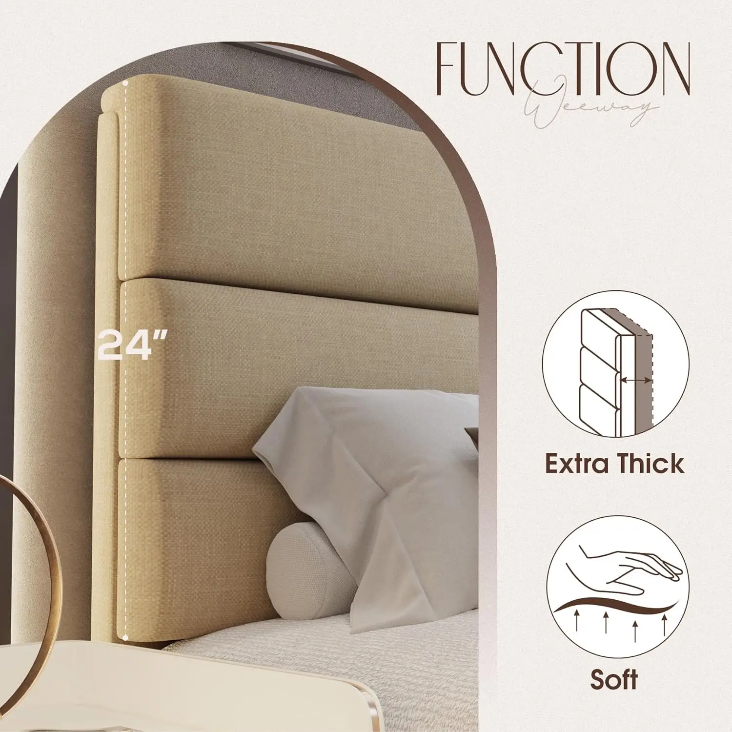 Large bed frame platform bed, equipped with soft cushion headboard and wooden support, easy to assemble, beige color