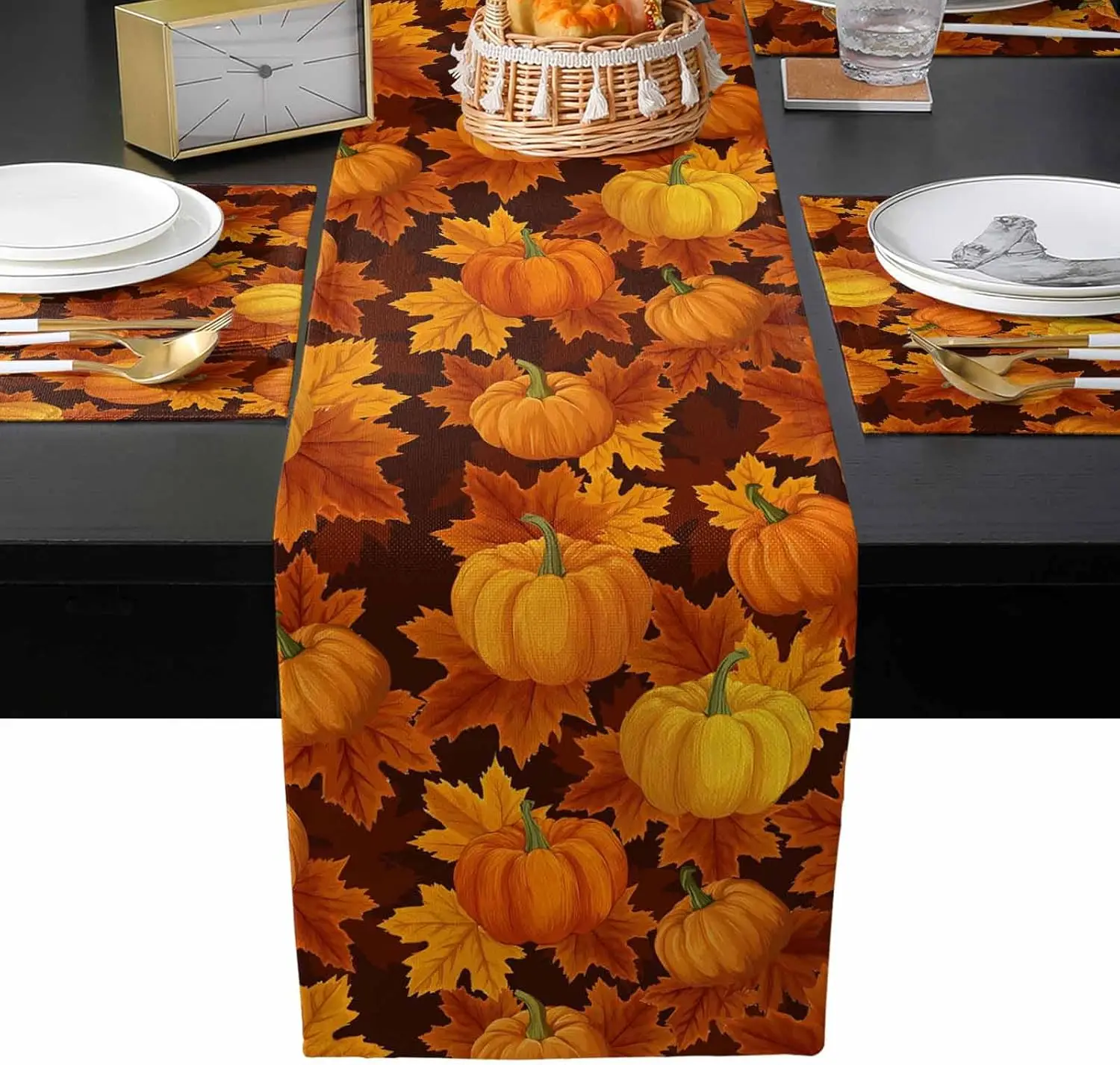 Fall Thanksgiving Pumpkins Orange Maple Leaf Linen Table Runner Placemats Autumn Harvest Kitchen Dining Table Runners Home Decor
