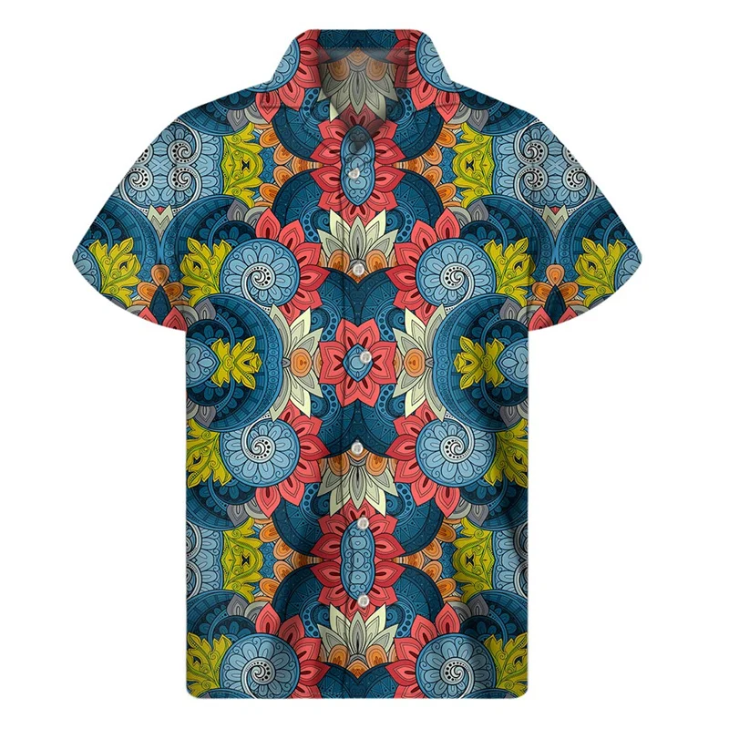 Mandala Floral Bohemian Hawaiian Shirt Men Women Oversized Short Sleeves Tees 3d Printed Ethnic Shirts Button Lapel Blouse