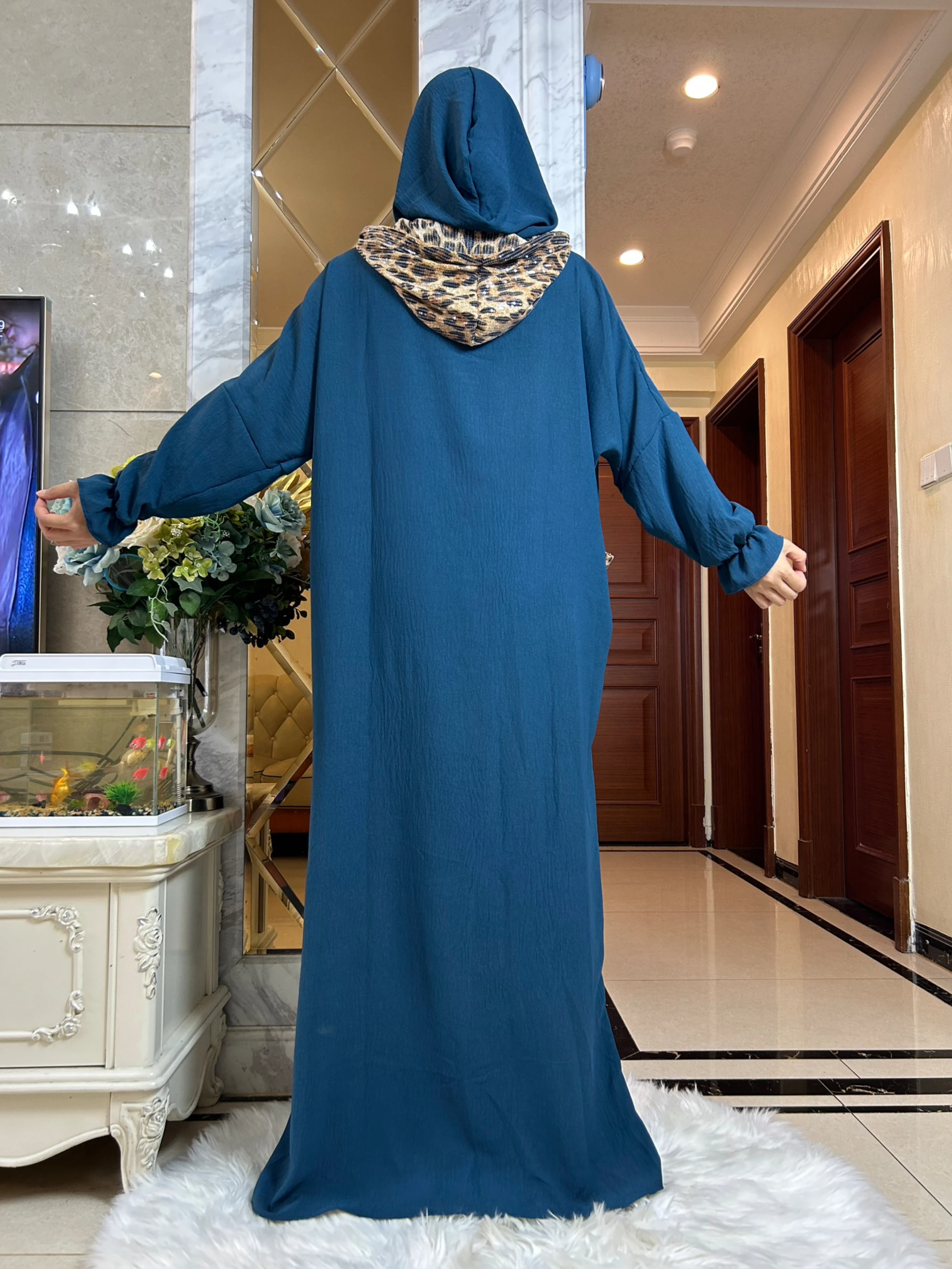 2025 ผู้หญิงผ้าฝ้าย Abaya กับกระโปรงเสือดาวพิมพ์กระเป๋า Ramadan สวดมนต์เสื้อผ้าลําลองแขนยาวอาหรับ Oriental Robe Eid