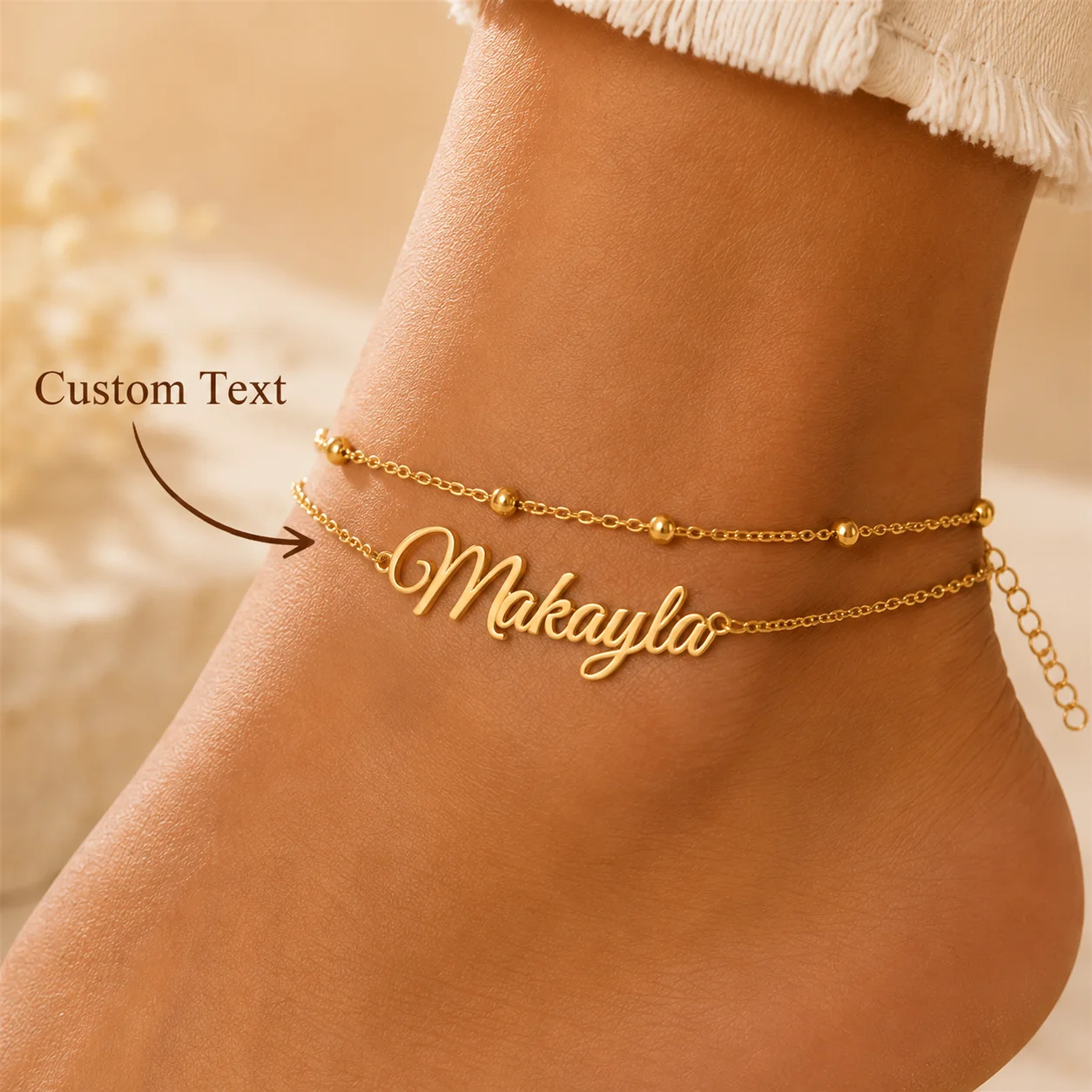 Custom Name Anklet Personalized Stainless Steel Beaded Double Chain Foot Bracelet for Women Summer Jewelry Gift