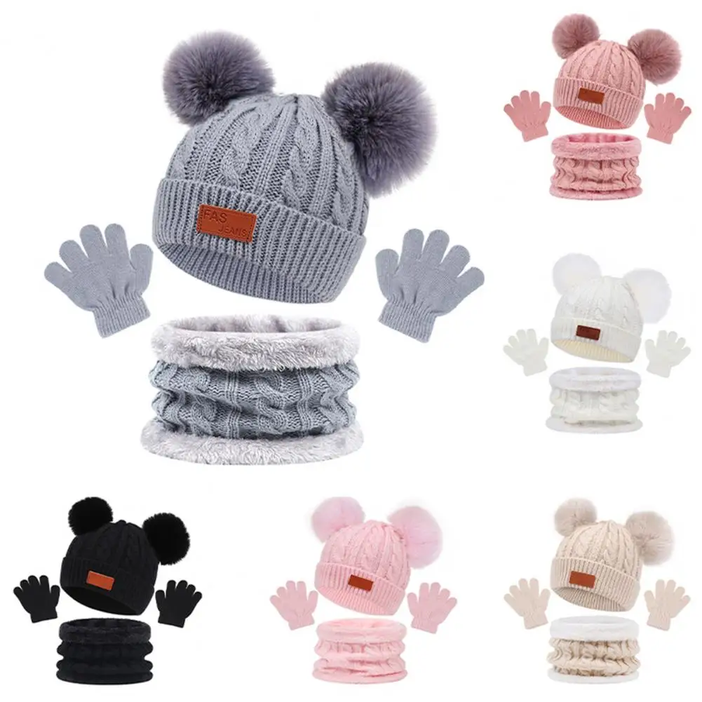 

3Pcs/Set Winter Kids Hat Bib Gloves Set Plush Balls Decor Knitting Baby Beanie Heat Neckerchief Gloves Set For Outdoor