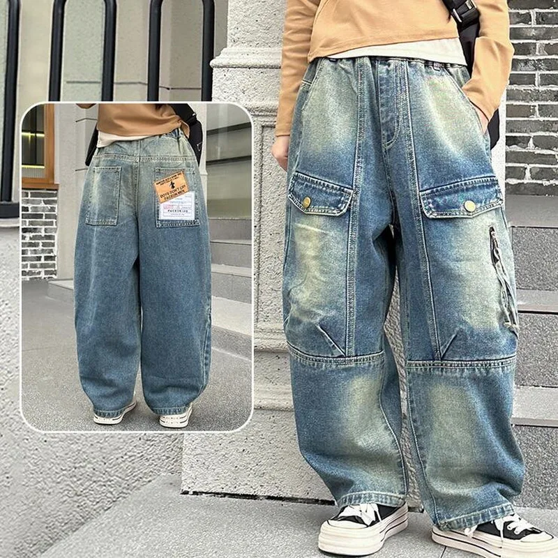 

High Quality Kids Distressed Jeans With Pocket for Teen Girl Korean Style Street Casual Denim Pants Child Vintage Jeans Trousers