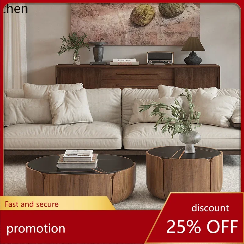W5.19 Solid Wood Coffee Table Set for Home Living Room Small Apartment Rock Slab Round Coffee Table TV Simple Modern