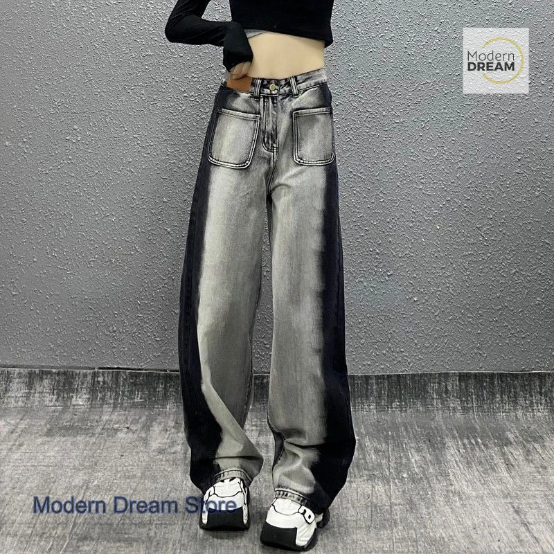 Amerikanische grau-schwarze farblich passende Plus-Size-Jeans für Damen im Frühling und Herbst, gerader Schlauch, lockeres Design, Joker-Mopp-Hose mit weitem Bein