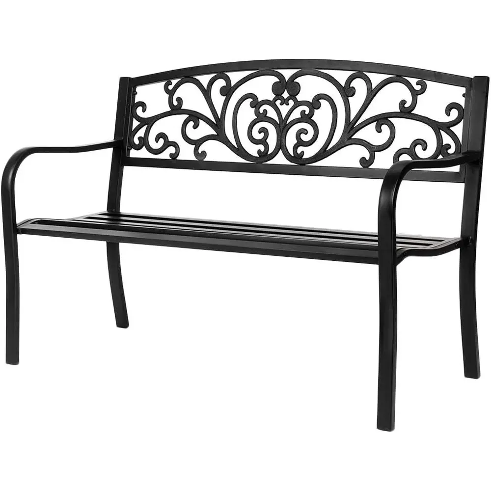 

Outdoor Bench or Patio Metal Garden Bench w/PVC Back , Black Park Benches ront Porch Benches or Yard Lawn Decor Deck Entr