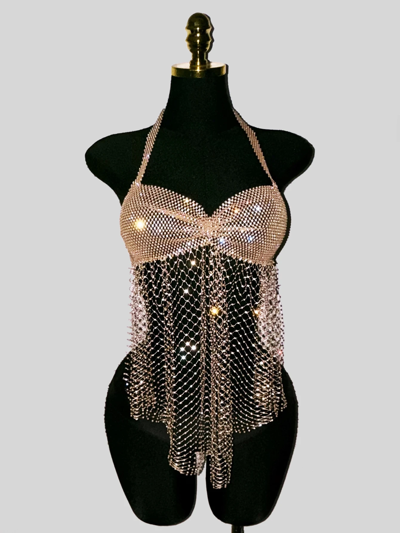 Women Sexy Backless Halter Neck Camisole Shiny Rhinestone Hollow Out See Through Mesh Tassel Tank Top Rave Party Club Crop Top