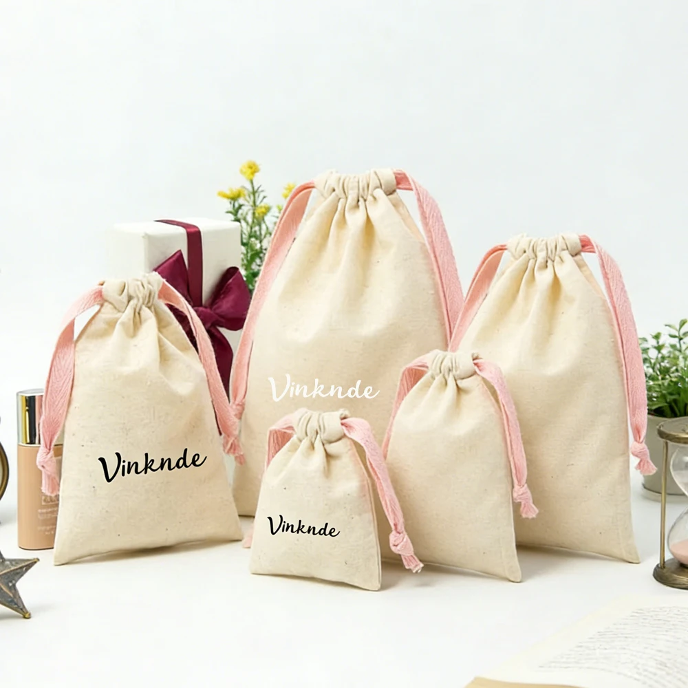 

100Pcs Custom Logo Recyclable Linen Muslin Thick Necklace Earring Rings Packing Bag Canvas Jewelry Pouch Cotton Drawstring Bags