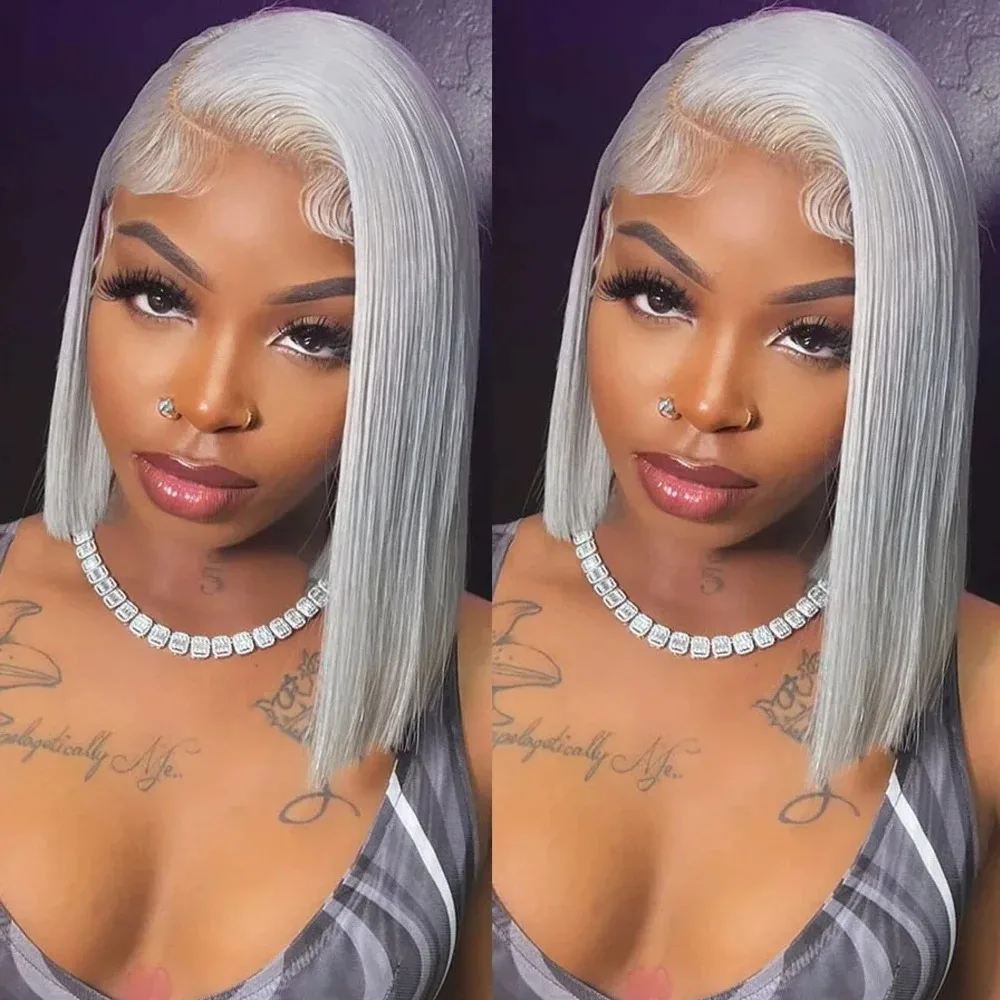 الشظية رمادي قصير بوب قطع الاصطناعية الدانتيل الجبهة الباروكات للنساء تأثيري الباروكات للنساء رمادي فاتح غلويليس 13x4 الدانتيل الباروكات الأمامية