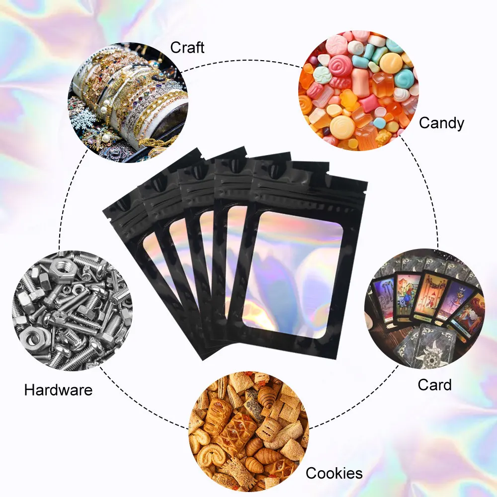 Jewelry Data Lightning Cable Packing, Pouch with Window,Black Ziplock Holographic Mylar Packaging Bag for Small Business