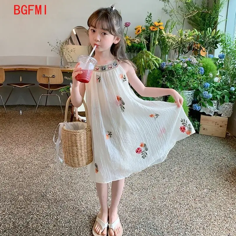 Teenagers Girl's Dress Summer 2026 New Embroidered Pure Cotton Sleeveless Sling Dress Girl Bohemian Children's Princess Dress