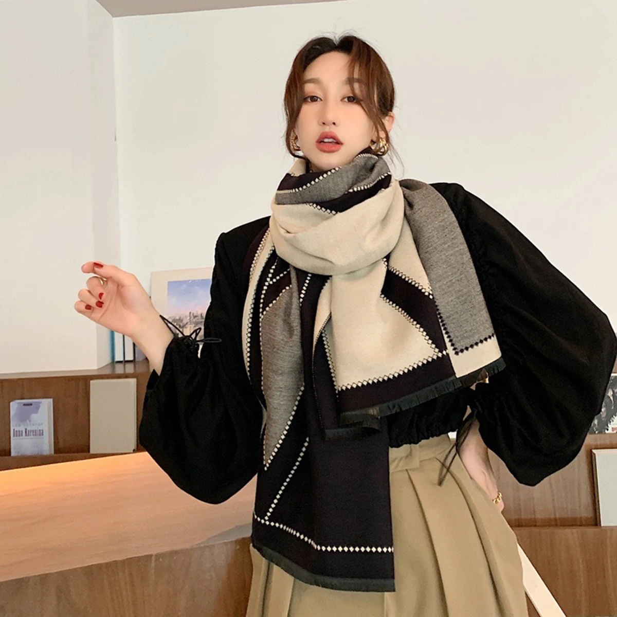 

Thicker Cotton Hemp Neck Scarf Women Geometric Scarf Imitation Cashmere Scarf Foulard Winter Fashion Warm Neckerchief