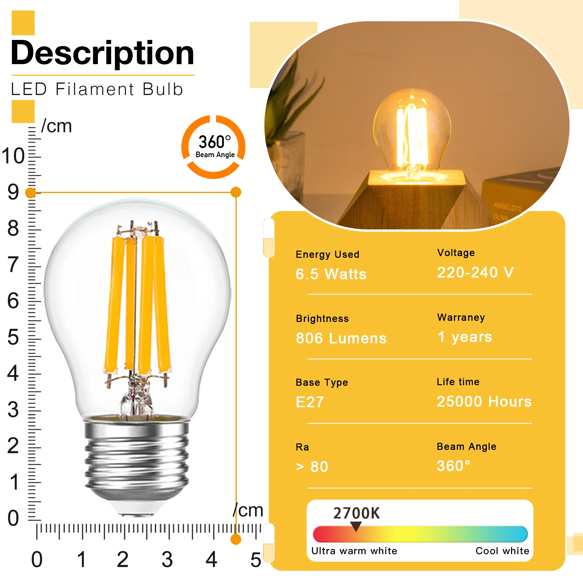 G45 6.5W E27 Standard Base LED Dimmable Globe Light Bulbs 220V 806Lumens 80Watt Equivalent Vintage Decorative Edison Globe Bulb