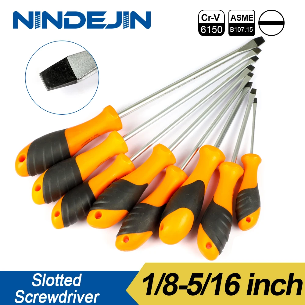 NINDEJIN electric magnetic slotted screwdriver tools 1/8inch 13/64inch 5/16inch CR-V flat head flat-blade screwdriver hand tools