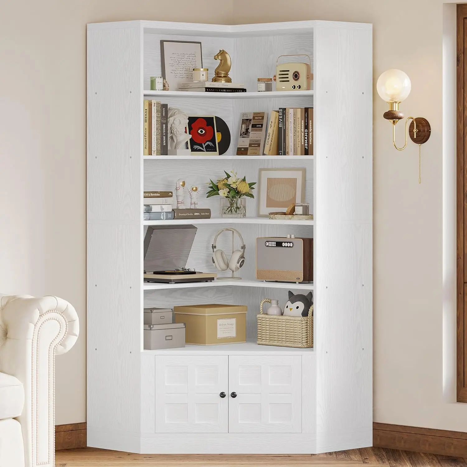 

81" Corner Bookshelf with Door, 6 Tiers Large Bookshelves with Storage Rack, Tall Bookcase for Living Room Home Office, White