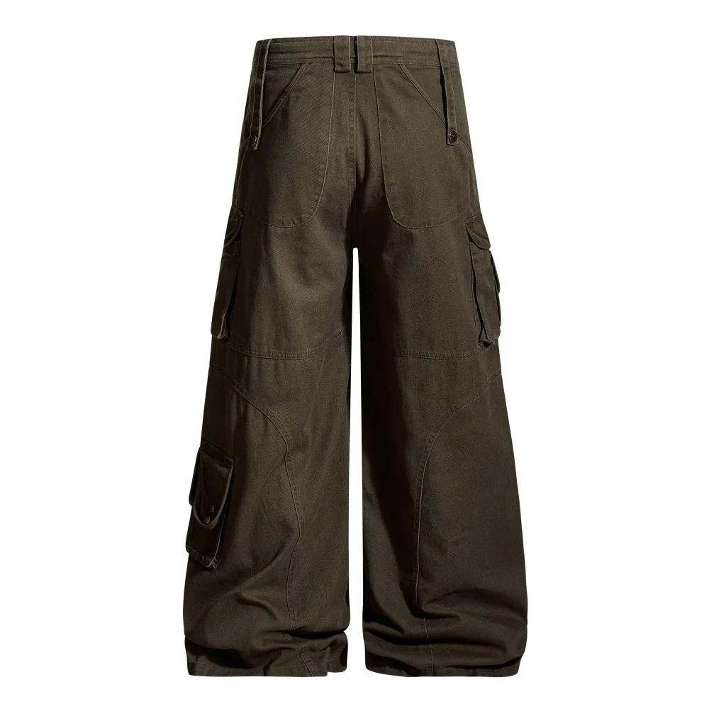 MWJLPWQ Heavy-Duty Multi-Pocket Cargo Pants Men Vibe High Street Trendy Solid Color Deconstructed Loose Wide-Leg Trousers 17758