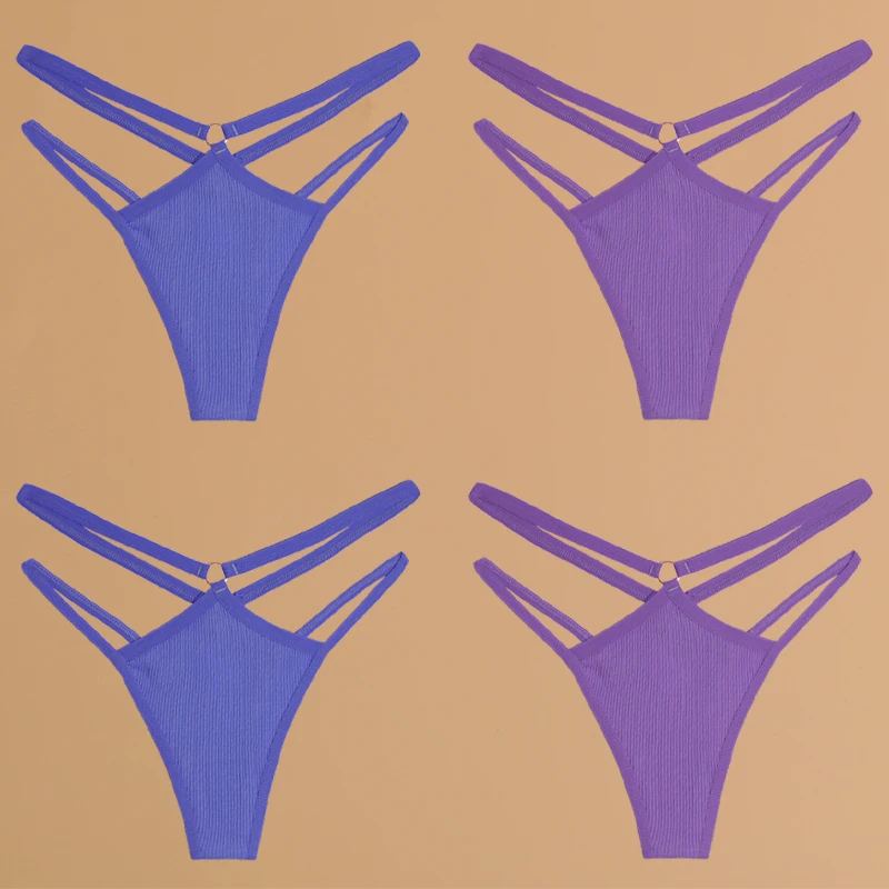 FINETOO 4 Stück Baumwolle Doppel Dünne Gürtel Unterwäsche für Frauen Sexy Niedrige Taille Gestreifte Tangas Damen Soild Höschen Atmungsaktive Dessous