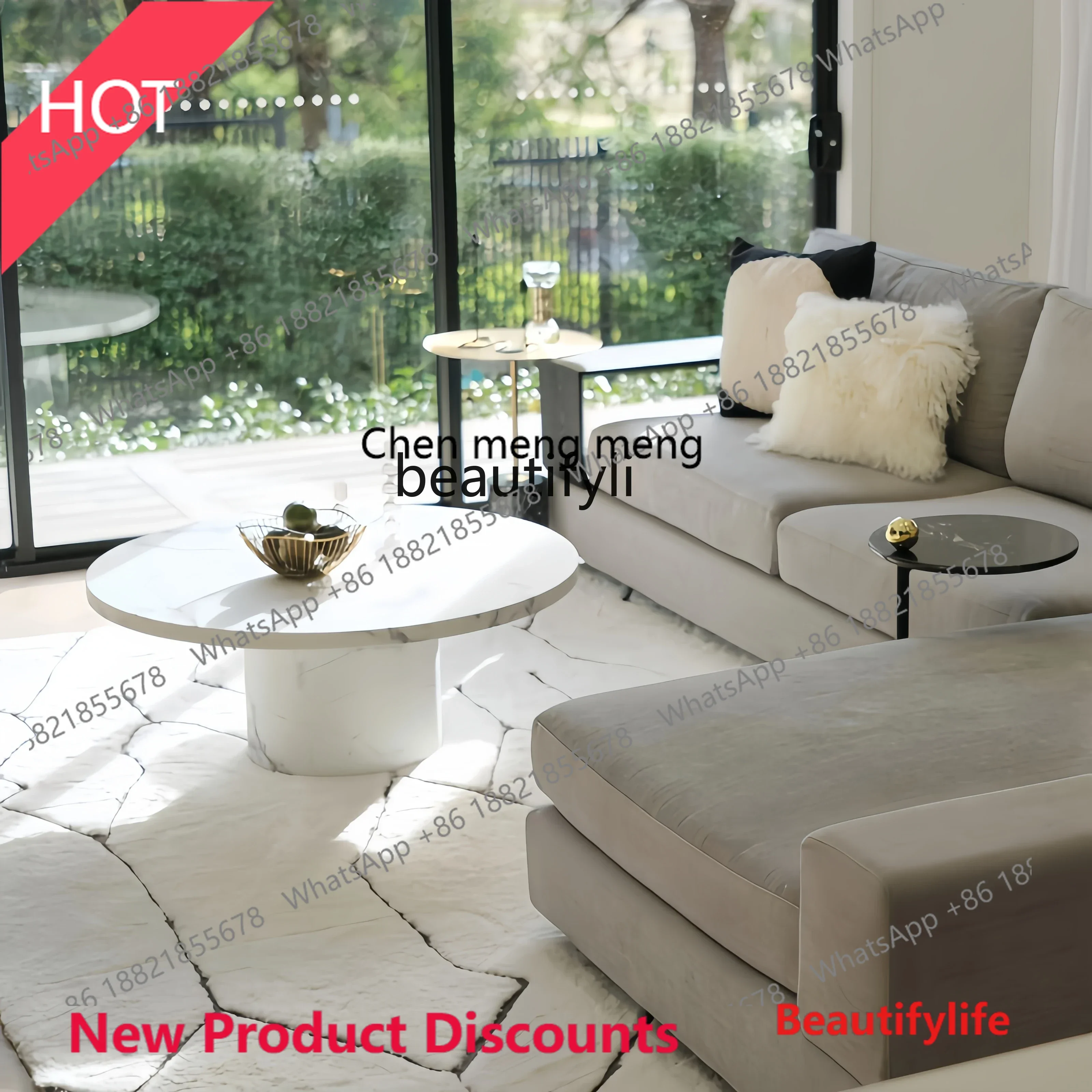 

A32 French marble coffee table cream style retro living room big flower white round coffee table