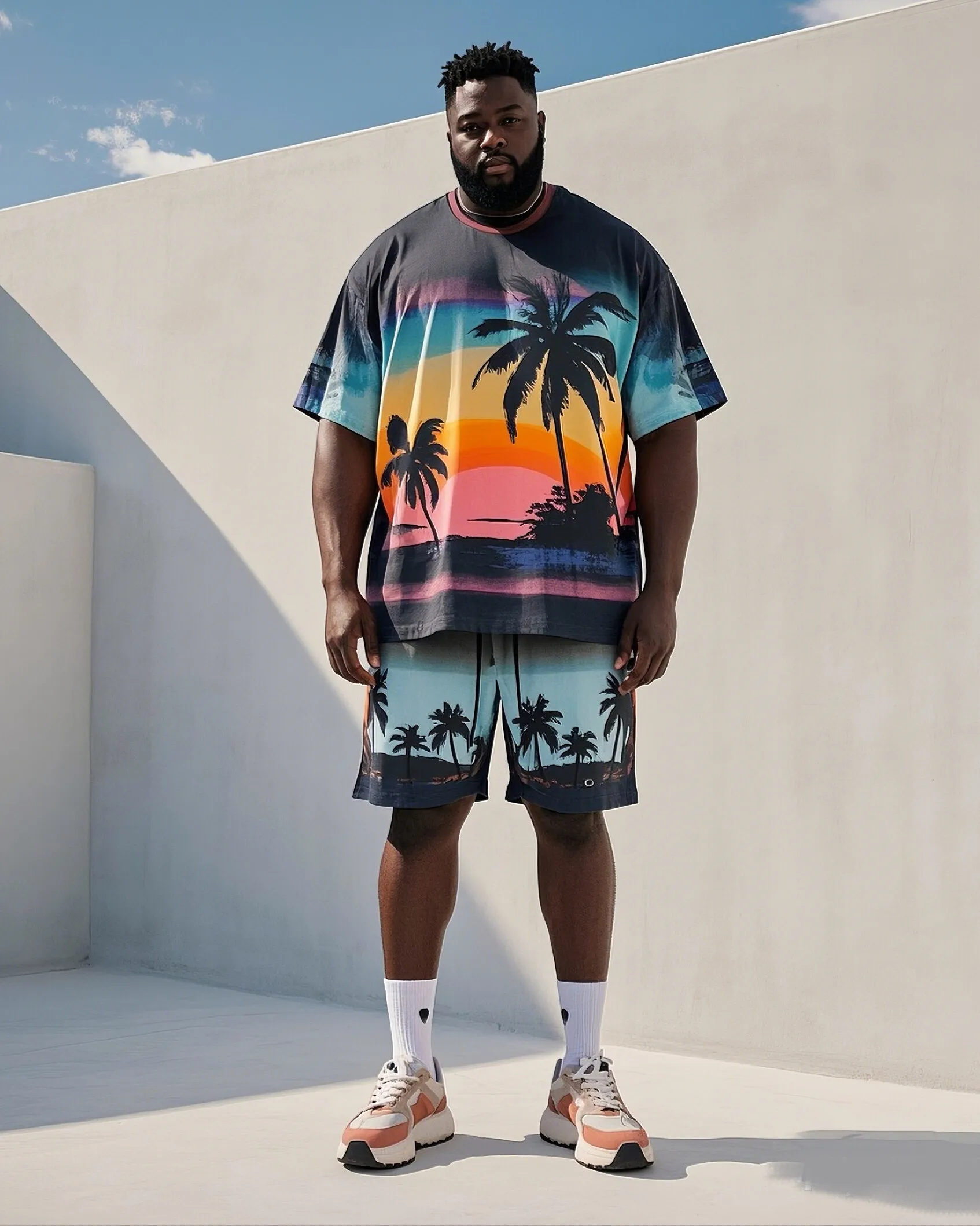Men's Plus Size 2 Piece Palm Tree Sunset T-Shirt and Shorts Set, Short Sleeve Crew Neck, for Summer Beach Vacations, S-9XL